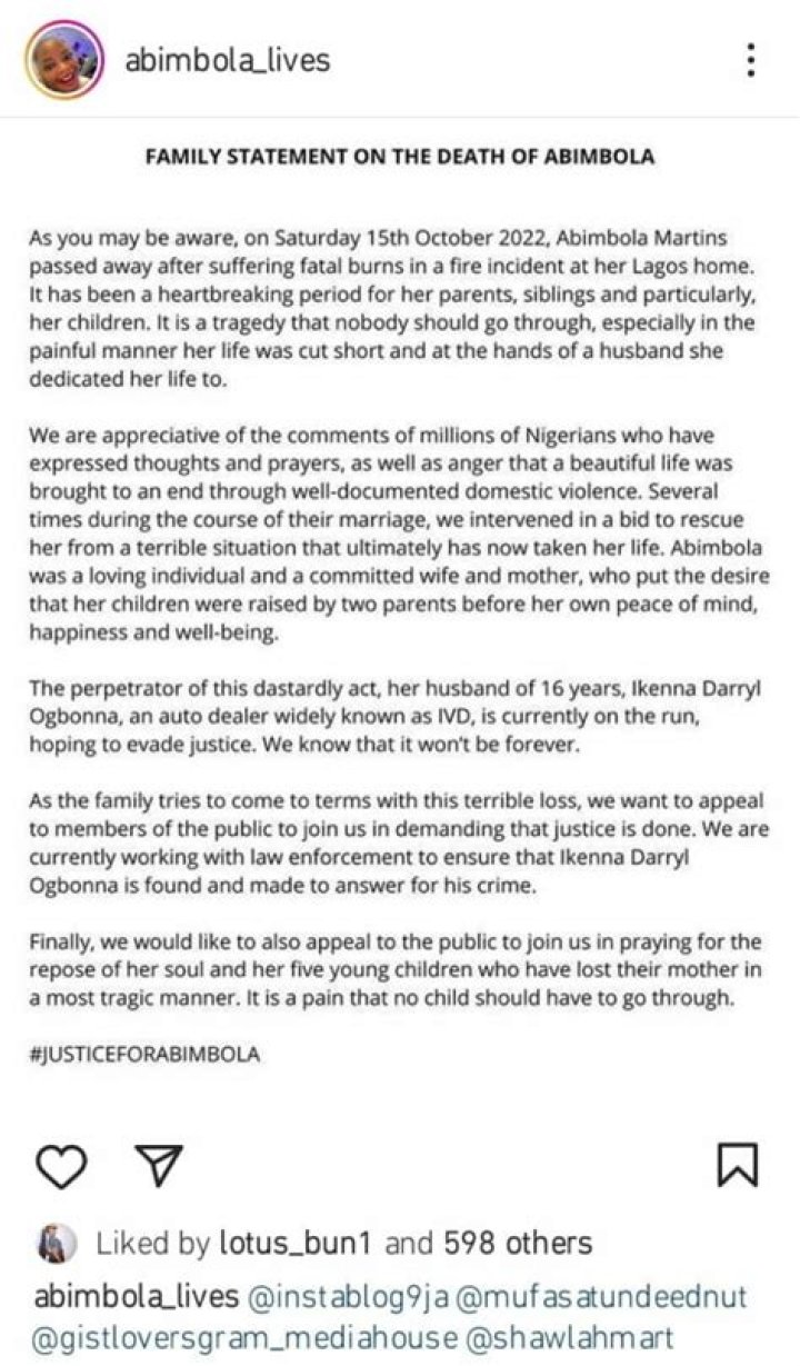 
The family of late IVD’s wife, Bimbo, has issued an official statement regarding her death. 