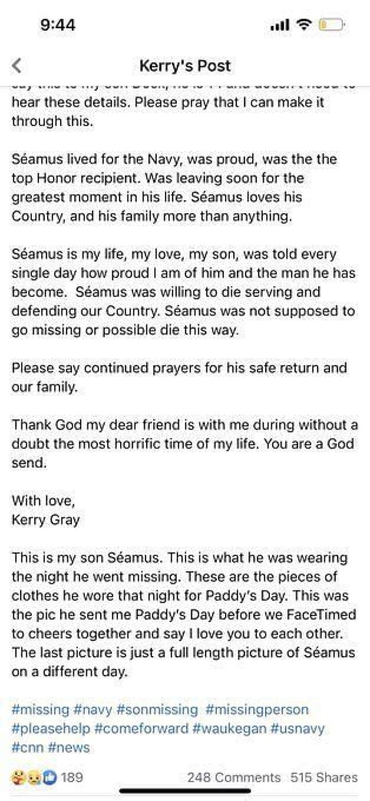 
Where was Seamus Gray last seen? Mother of missing navy sailor pleads with Waukegan community to help find son 